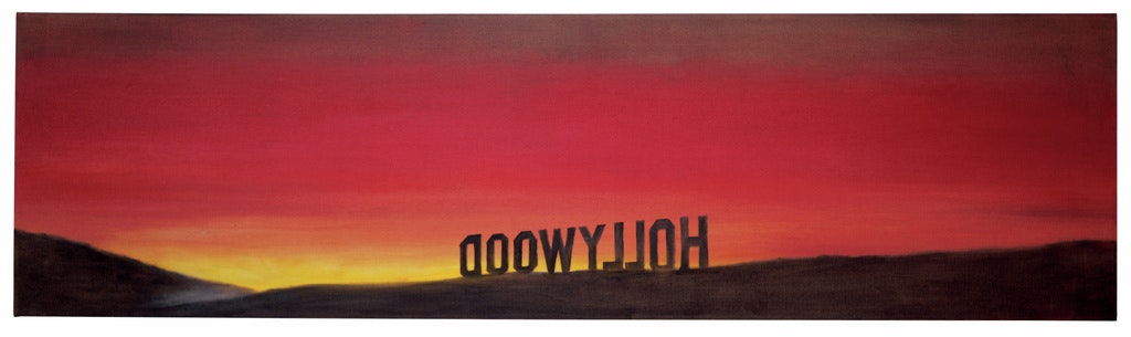 Painting of the Hollywood sign silhouette against the sunset, viewed as a mirror-image of the letters, as if seen from behind.