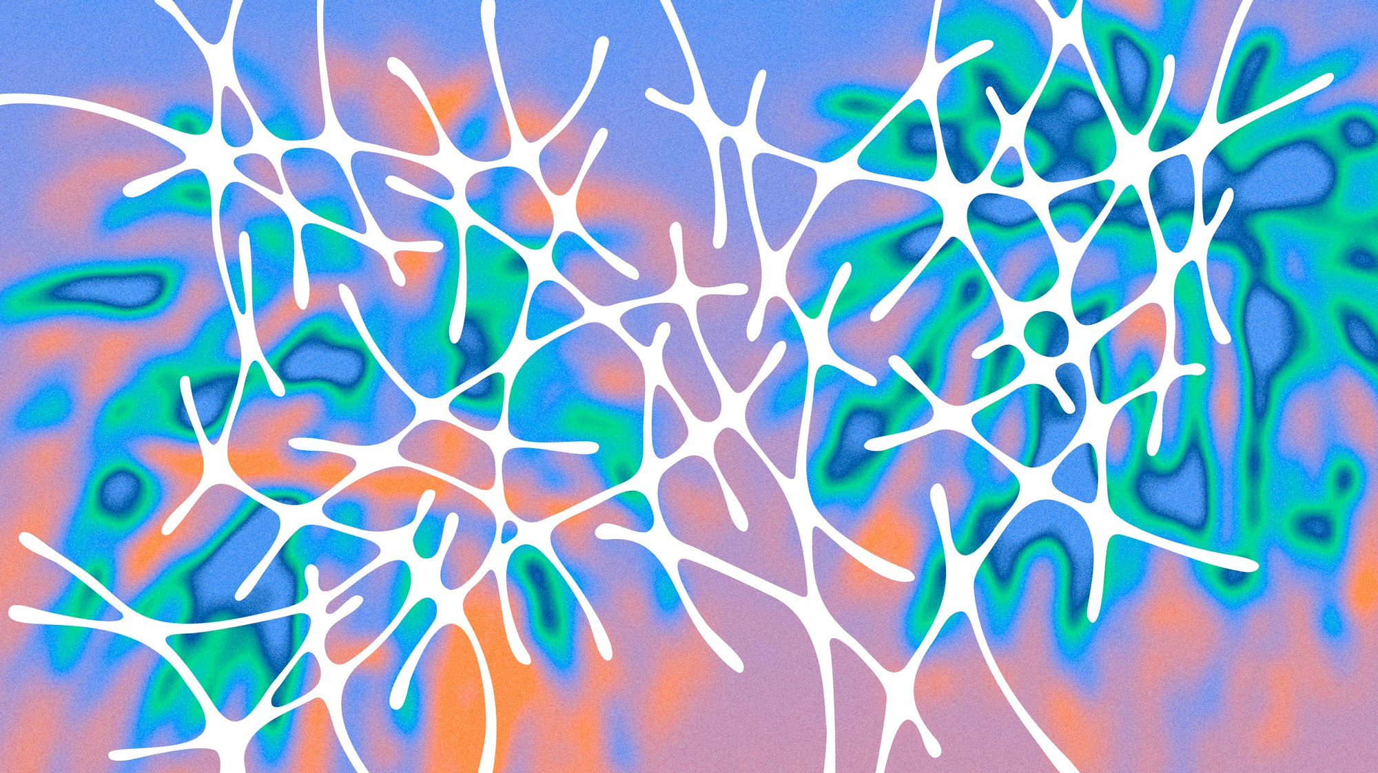 An abstract pattern with interconnected white, organic networked blob shapes overlaying a colorful, blurred background of soft blues, greens, oranges, and purples.