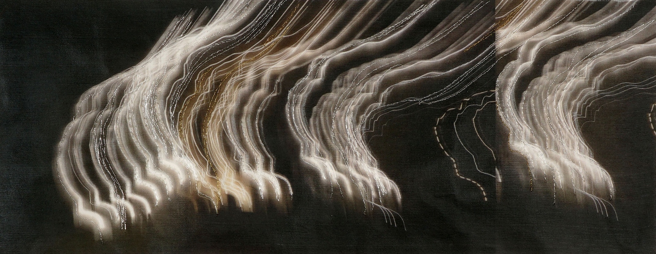 "Lightning Trails (detail)," 2024, Charlotte Schmid-Maybach. Sewn archival pigment prints on kozo paper with a printed silk gauze overlay. Courtesy of Lois Lambert Gallery. © Charlotte Schmid-Maybach 2024.