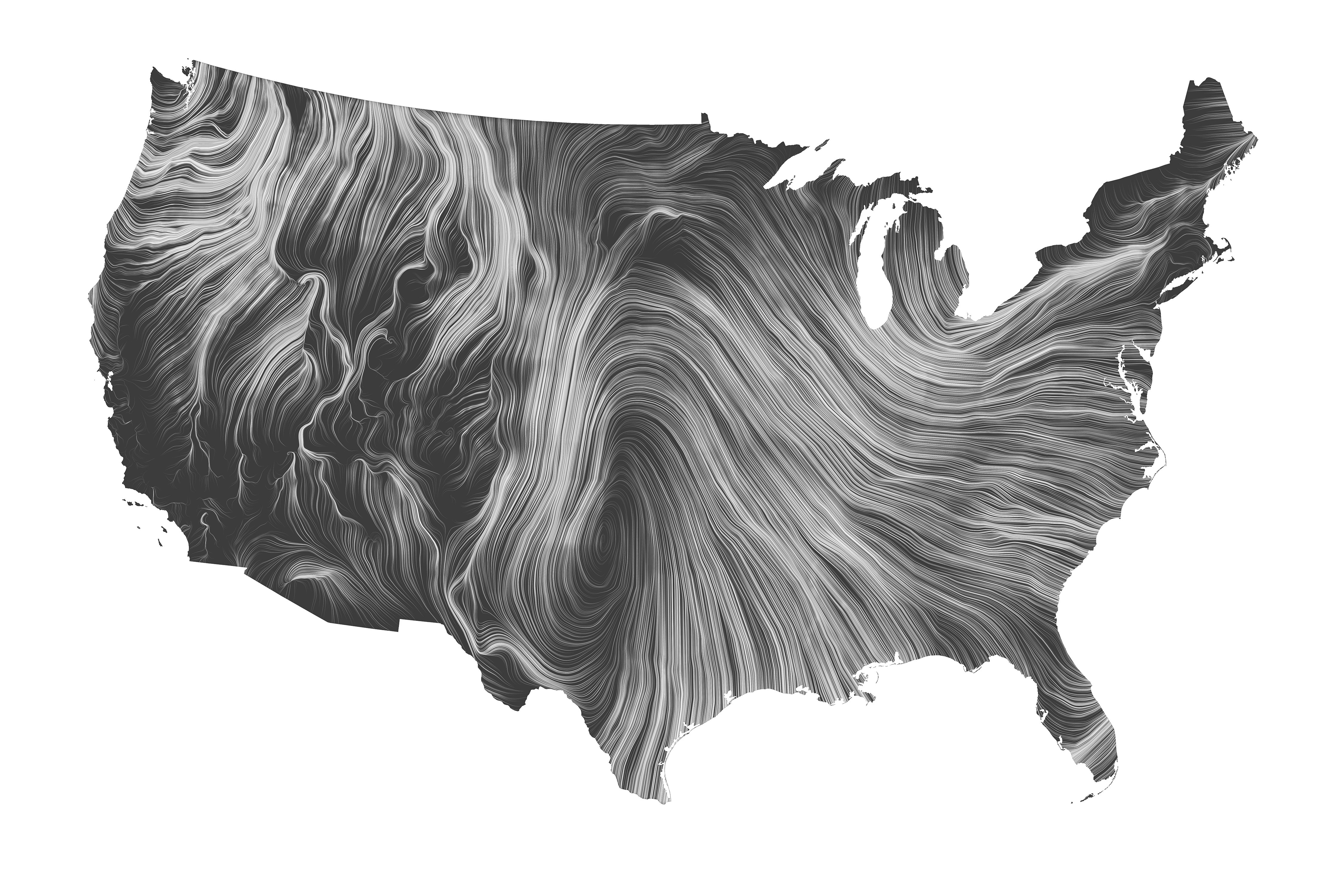 Black-and-white map of the United State, displaying a visualization of wind patterns similar to the swirls on marble.