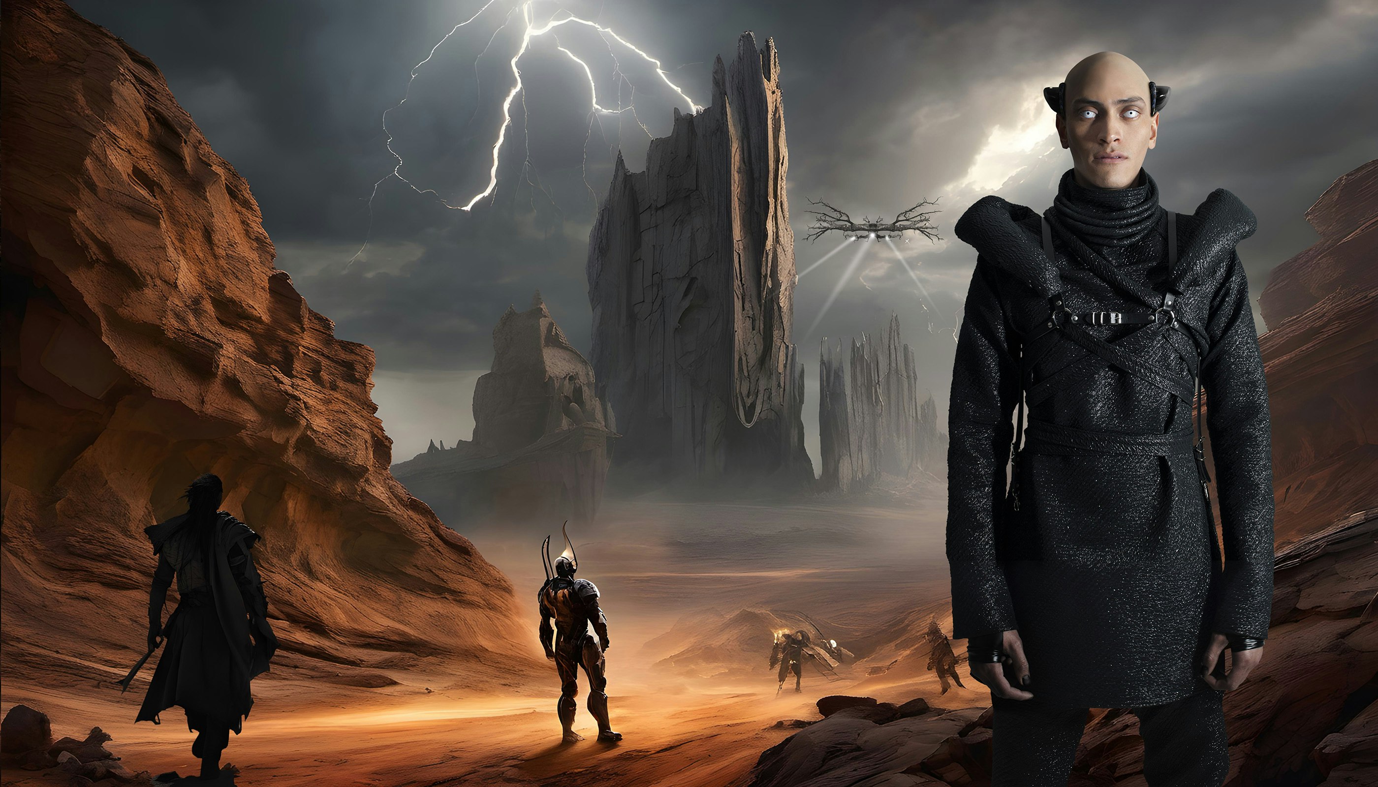 A photograph of a male figure in a black suit standing in a desert landscape at night with lightening bolts in the background.