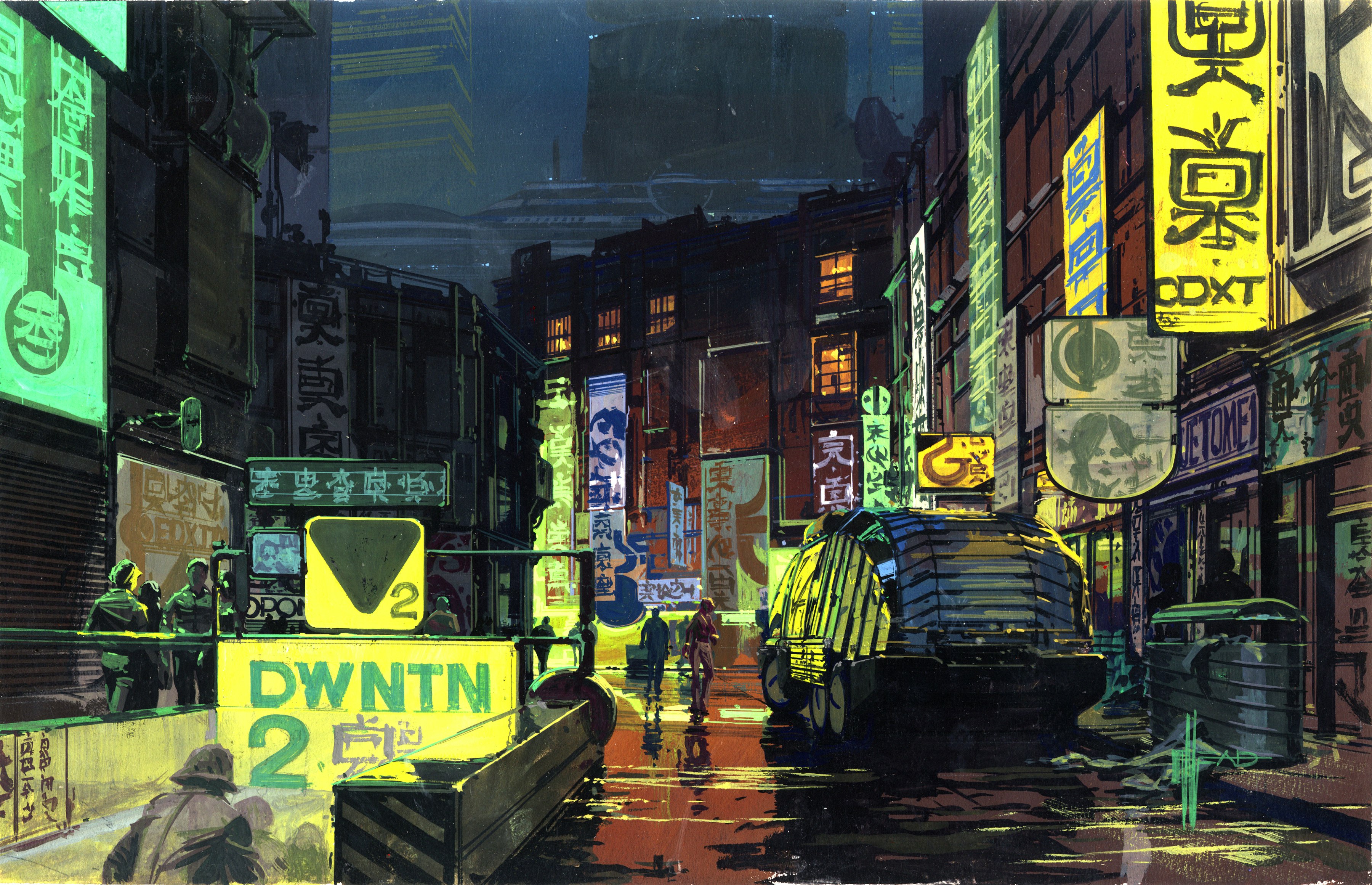 Drawing of city street with bright neon signs on storefronts; a large, futuristic vehicle is parked on the right.