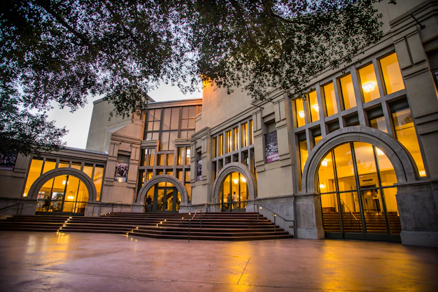 A photograph of a building and courtyard.