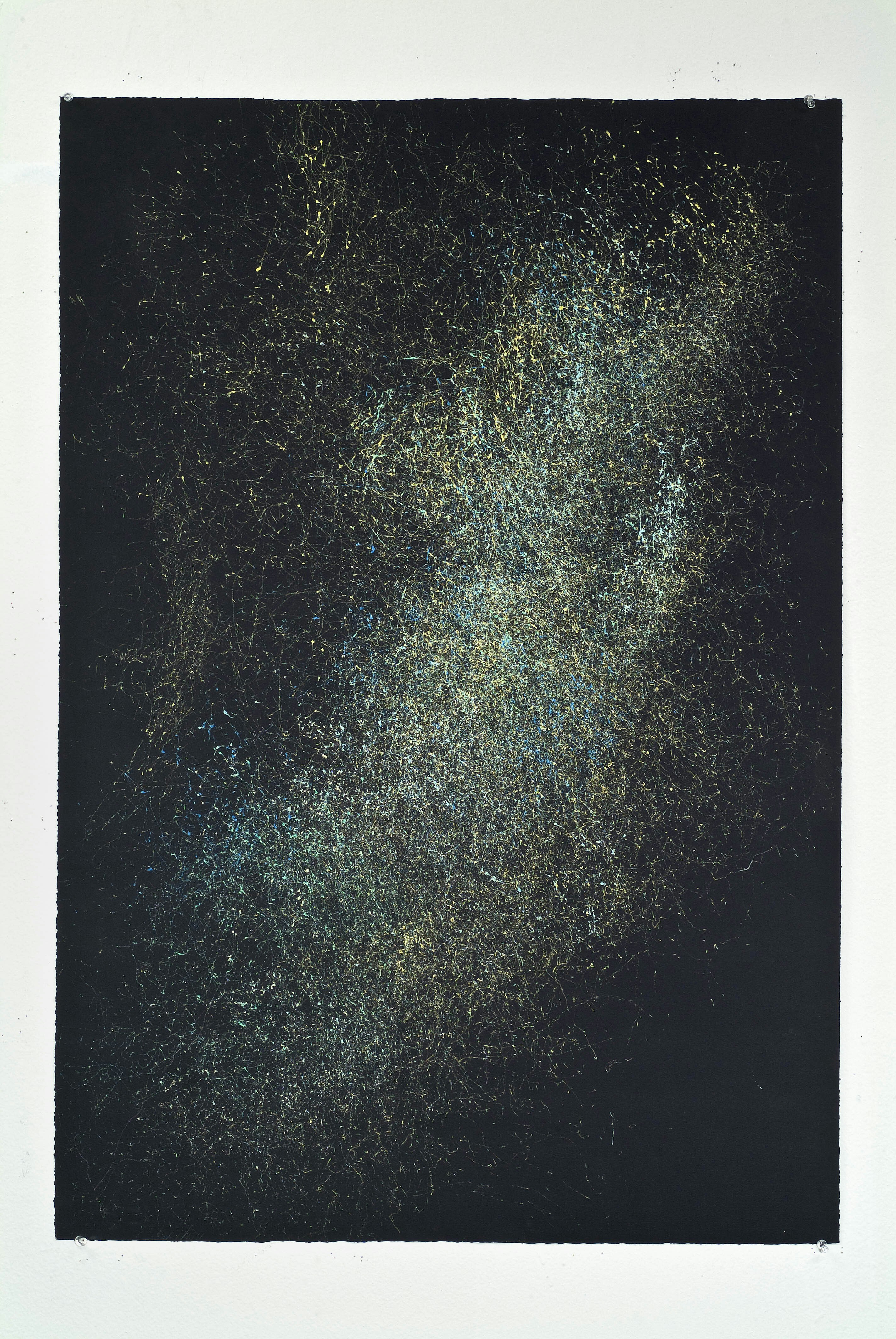 A drawing with a black background and white dots that look like the Milky Way.