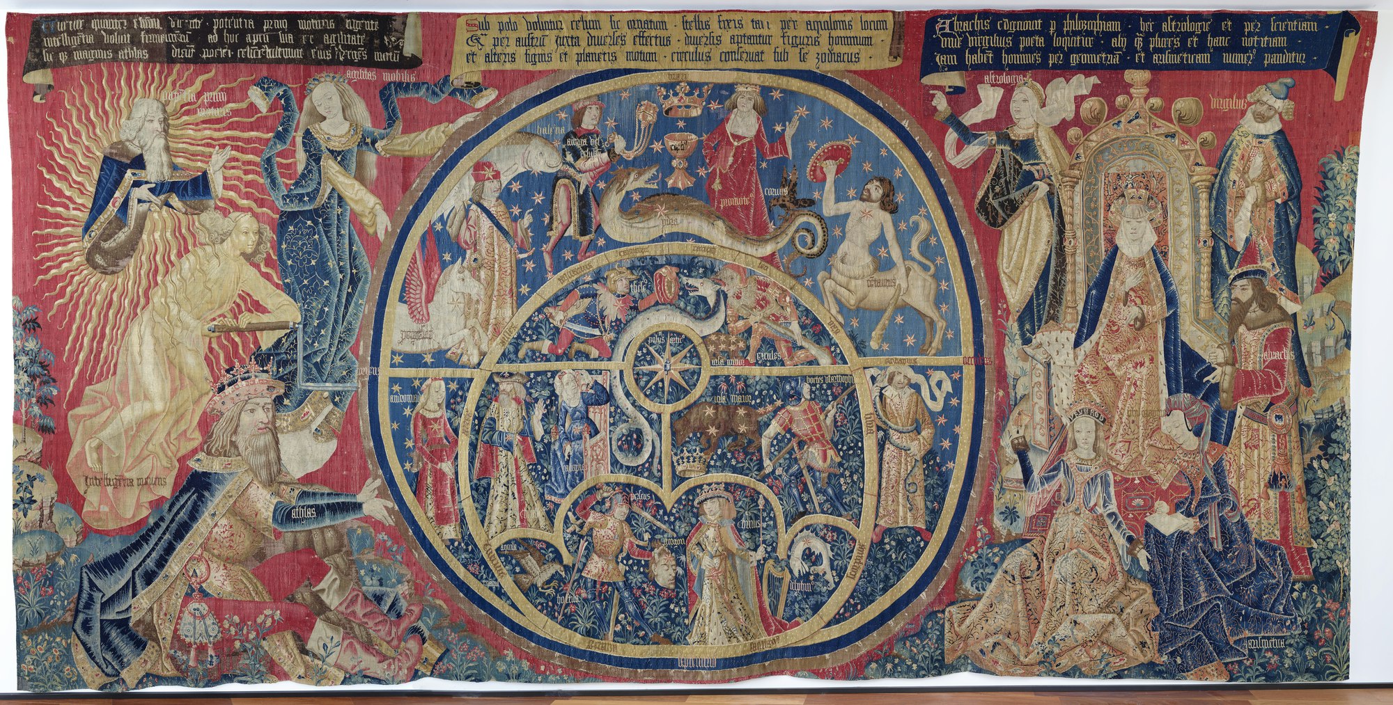 “Tapestry of the Astrolabes” (c. 1400–50), wool and silk, 175 3/16 x 314 15/16 inches (445 x 800 centimeters) (photo by David Blázquez; image courtesy Getty Museum).