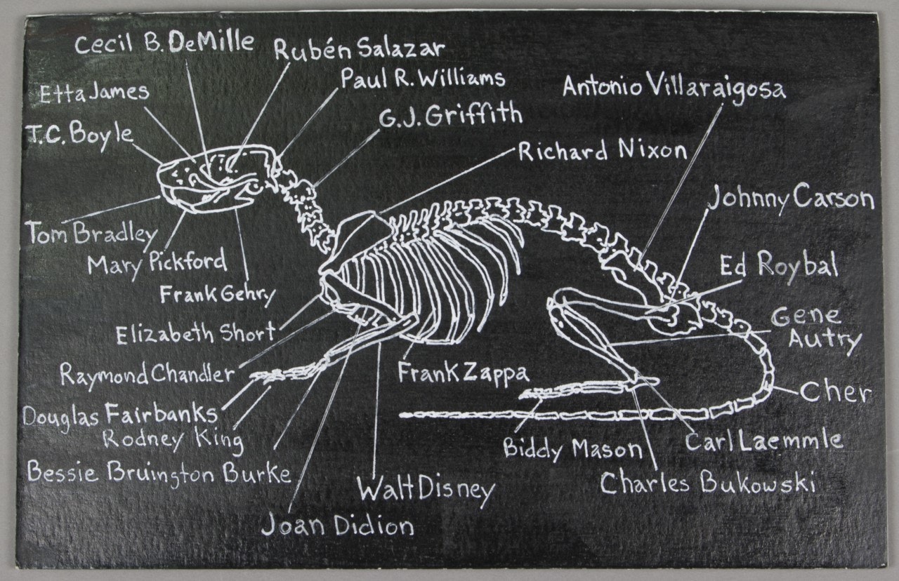 A photograph of a white chalk drawing on a blackboard of a dinosaur skeleton with names of high profile Angelenos around the skeleton.