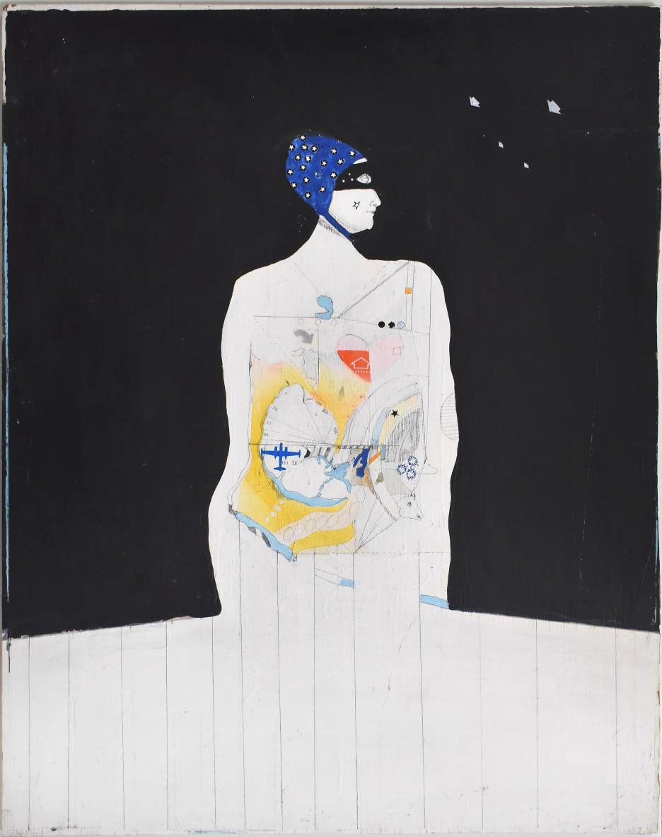 A painting of a white figure facing to the right. The figure wears a blue hair wrap. The background is black.