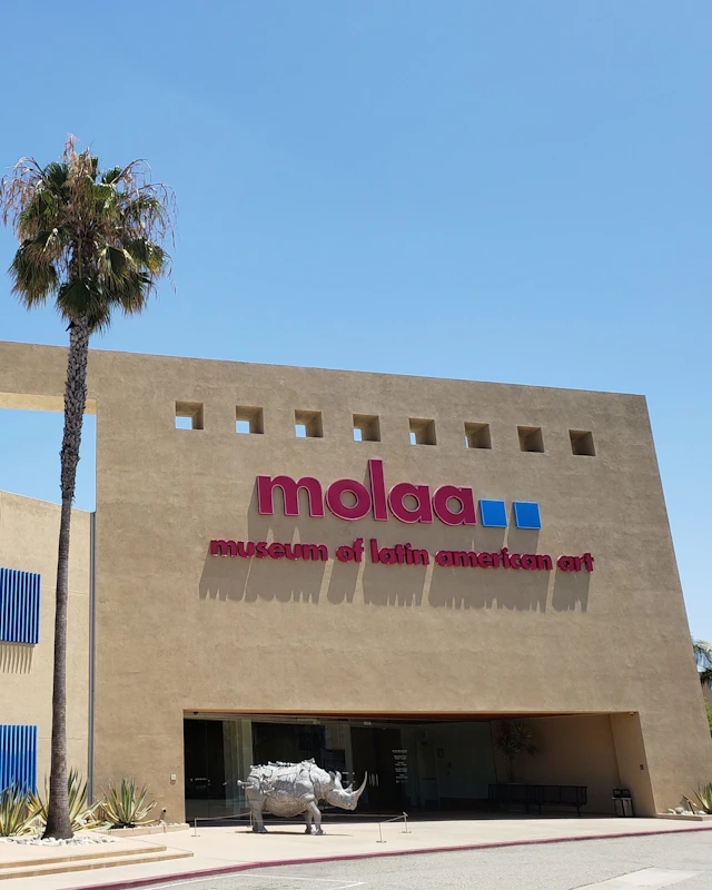 A photograph of a beige building with a palm tree and a silver metal rhino in front.