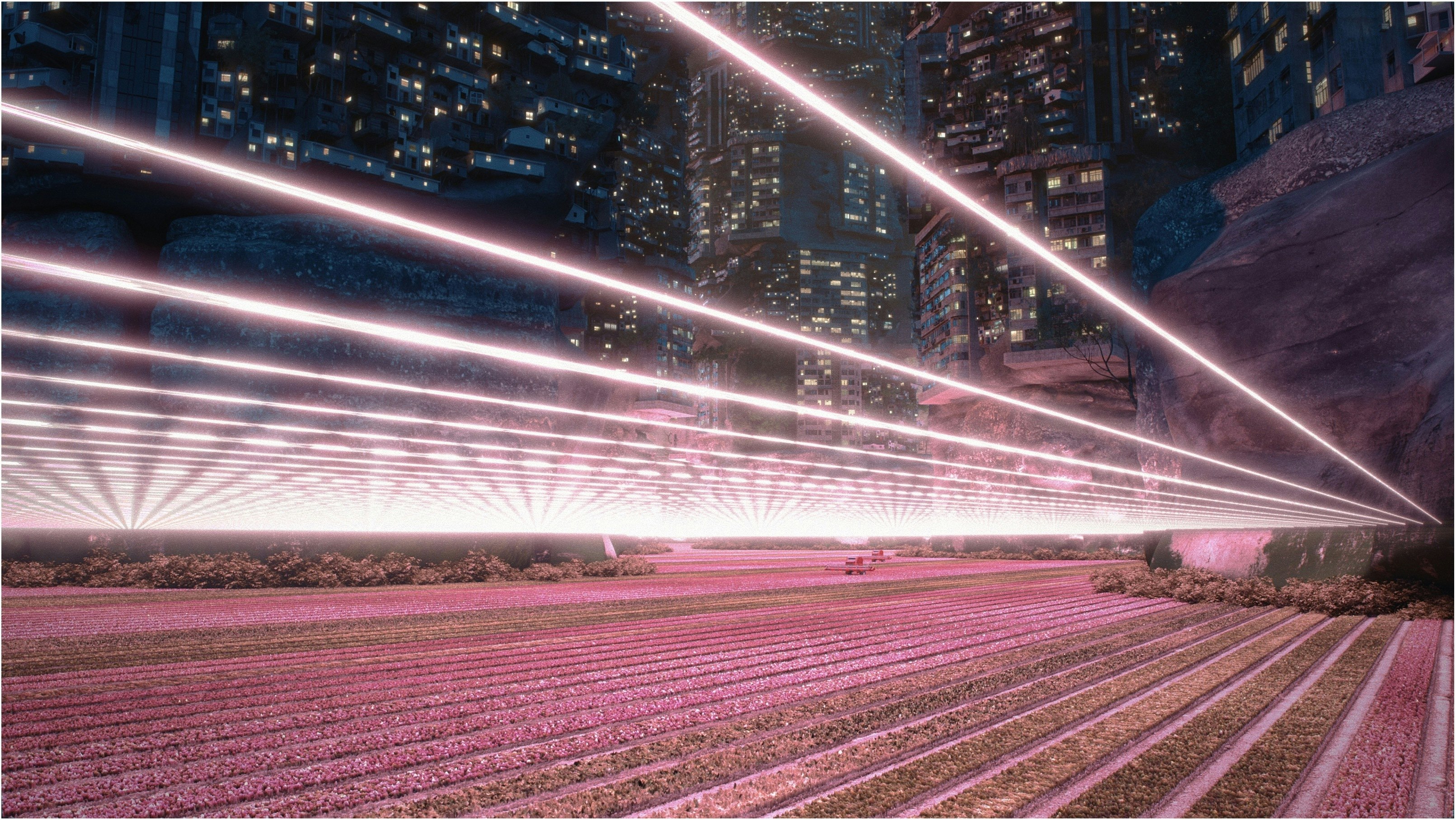 A digital image of pale pink neon strobe lights shooting across a dense cityscape.