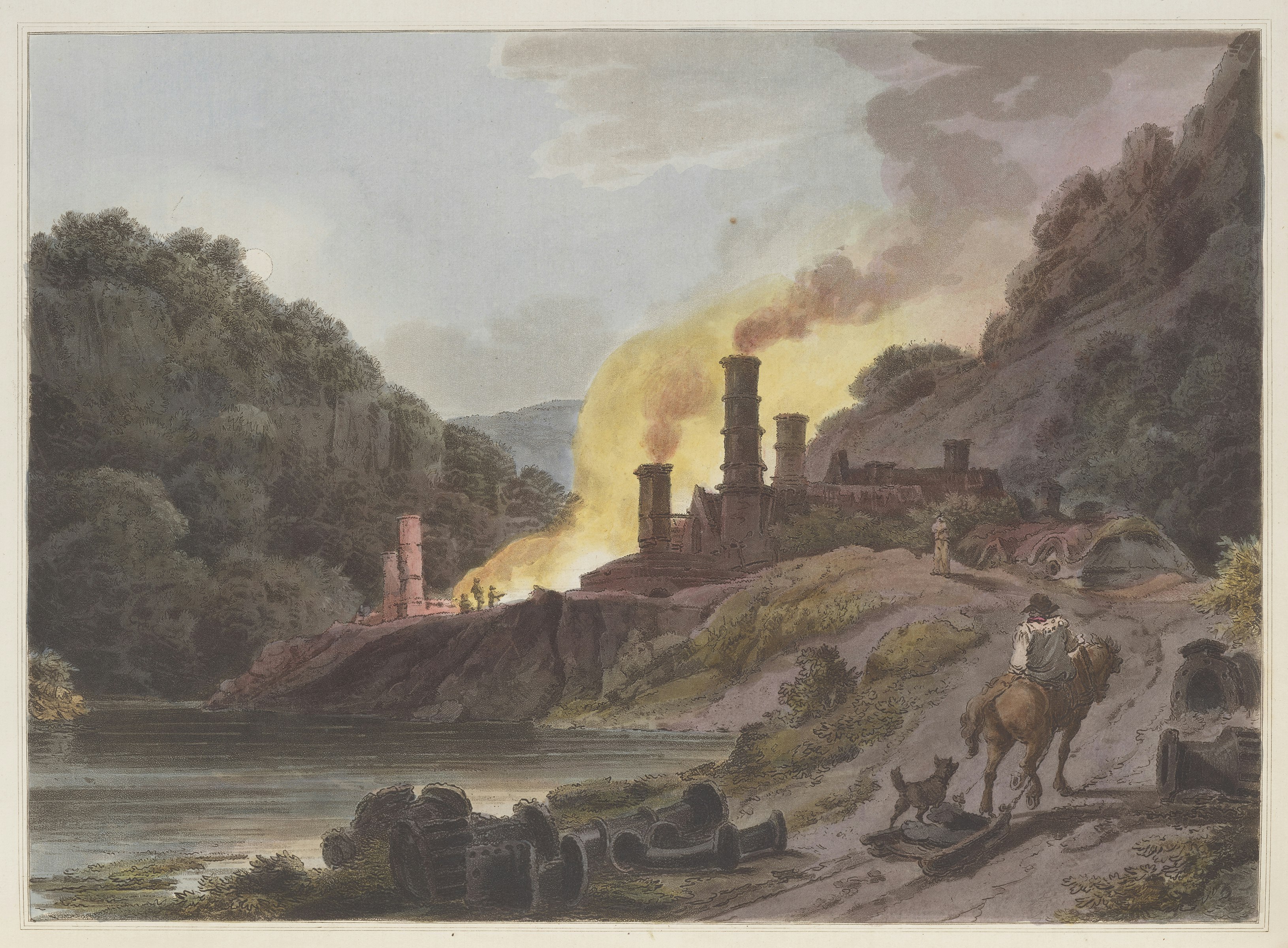 A painting. In the middle ground is a factory with smoking chimneys and a large fire. In the foreground is a man on a horse with a dog. There is a river and trees on the left hand side.