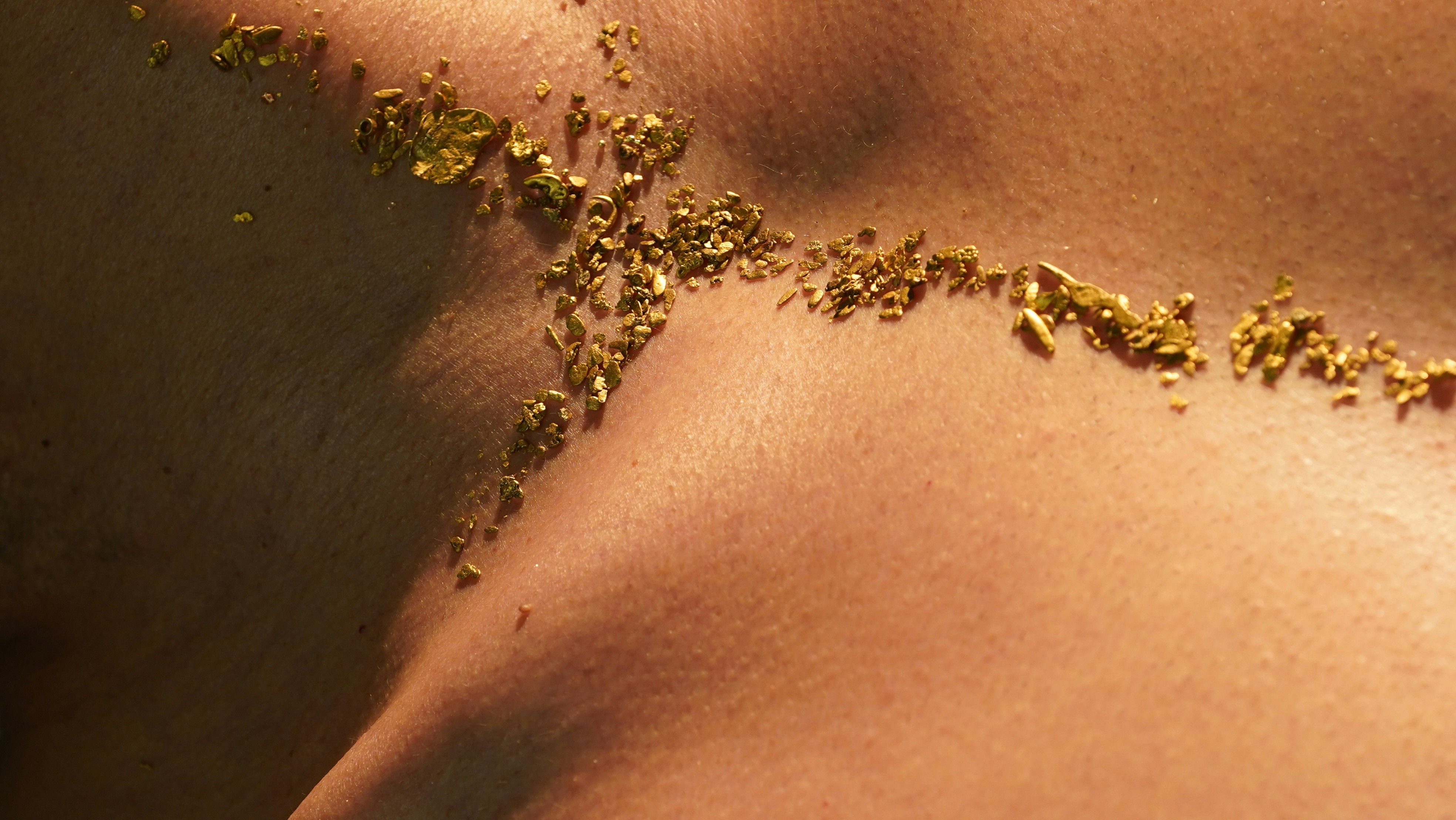 A color photograph of human clavicle sprinkled with gold pieces.